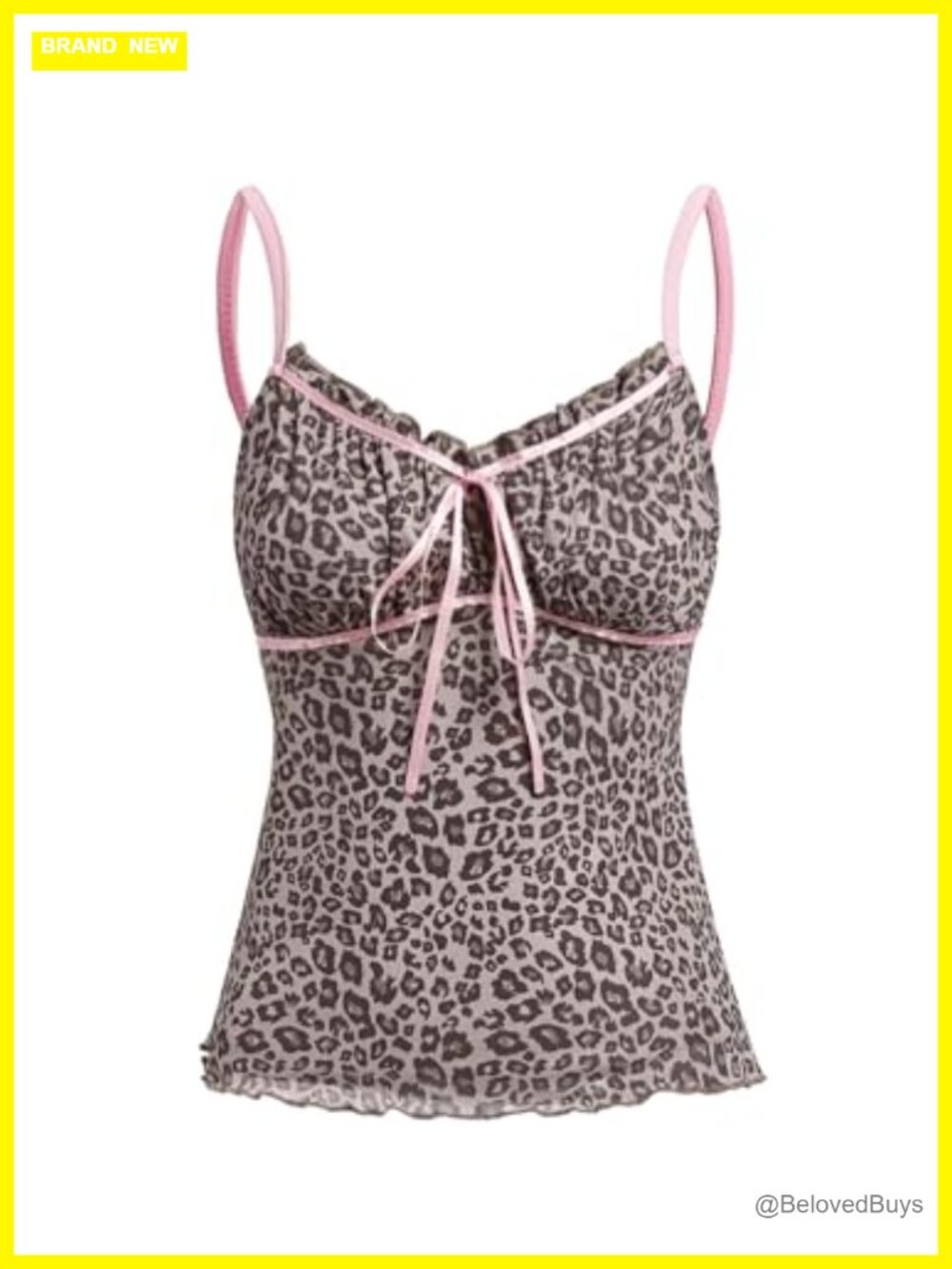 Coquette Leopard Camisole Spaghetti Strap Bow Lettuce Trim Fitted Tank Top